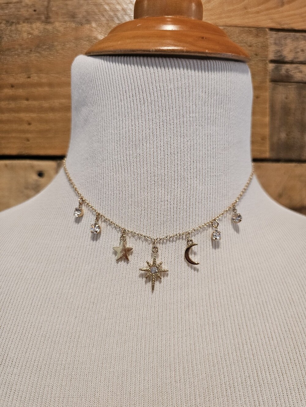 Goldtone Celestial Charm Choker Necklace with Stars, Moon & Crystals